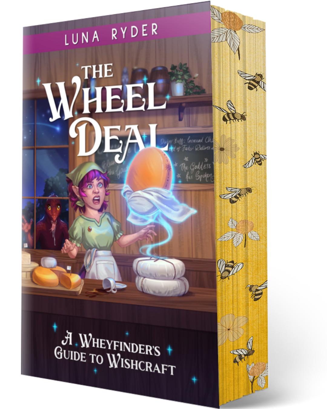 The Wheel Deal: A Wheyfinder's Guide to Wishcraft book by Luna Ryder, shown as a 3D book mockup with a detailed fantasy illustration on the front cover and a yellow spine decorated with whimsical bees.