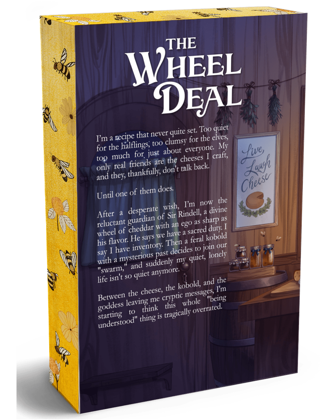 A boxed book or game titled "The Wheel Deal" shown on a plain white background. The box is dark purple with large white title text and an illustrated scene of a wooden table, bottles, and a framed sign.