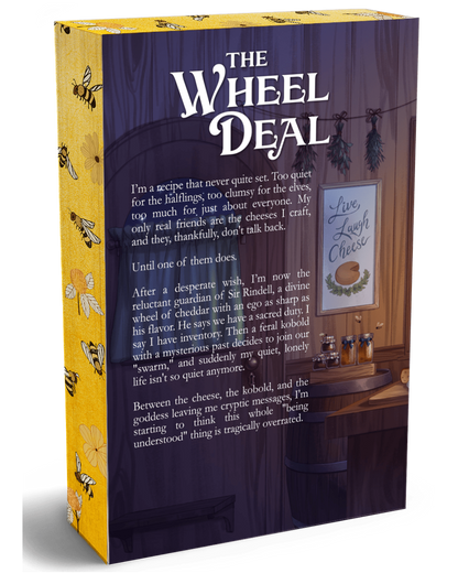 A boxed book or game titled "The Wheel Deal" shown on a plain white background. The box is dark purple with large white title text and an illustrated scene of a wooden table, bottles, and a framed sign.